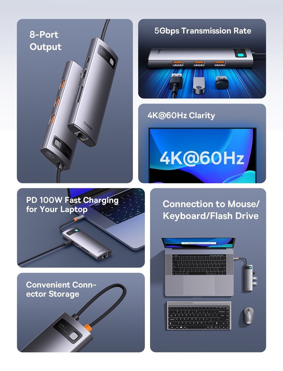 Хаб Baseus 8 in 1 Type-C Gleam hub адаптер переходник otg Macbook Pro