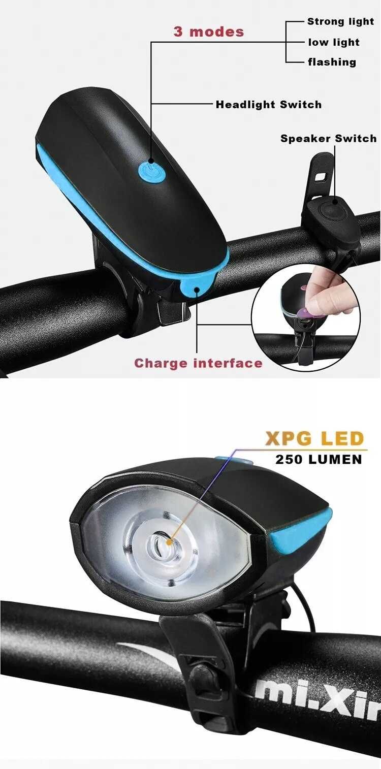 Czarna Lampka XPG LED Rowerowa na Przód + Dzwonek Elektryczny 2w1