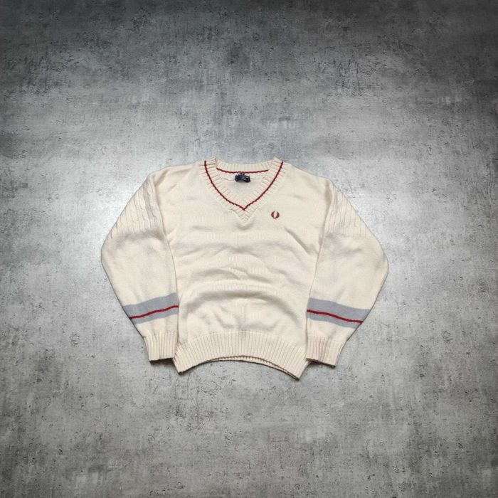 MĘSKI Premium VINTAGE Sweter Kremowy V Fred Perry Gruby Pleciony Logo