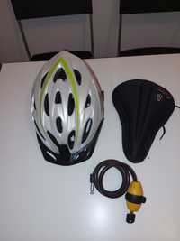 Capacete, selim de gel e cadeado de bicicleta