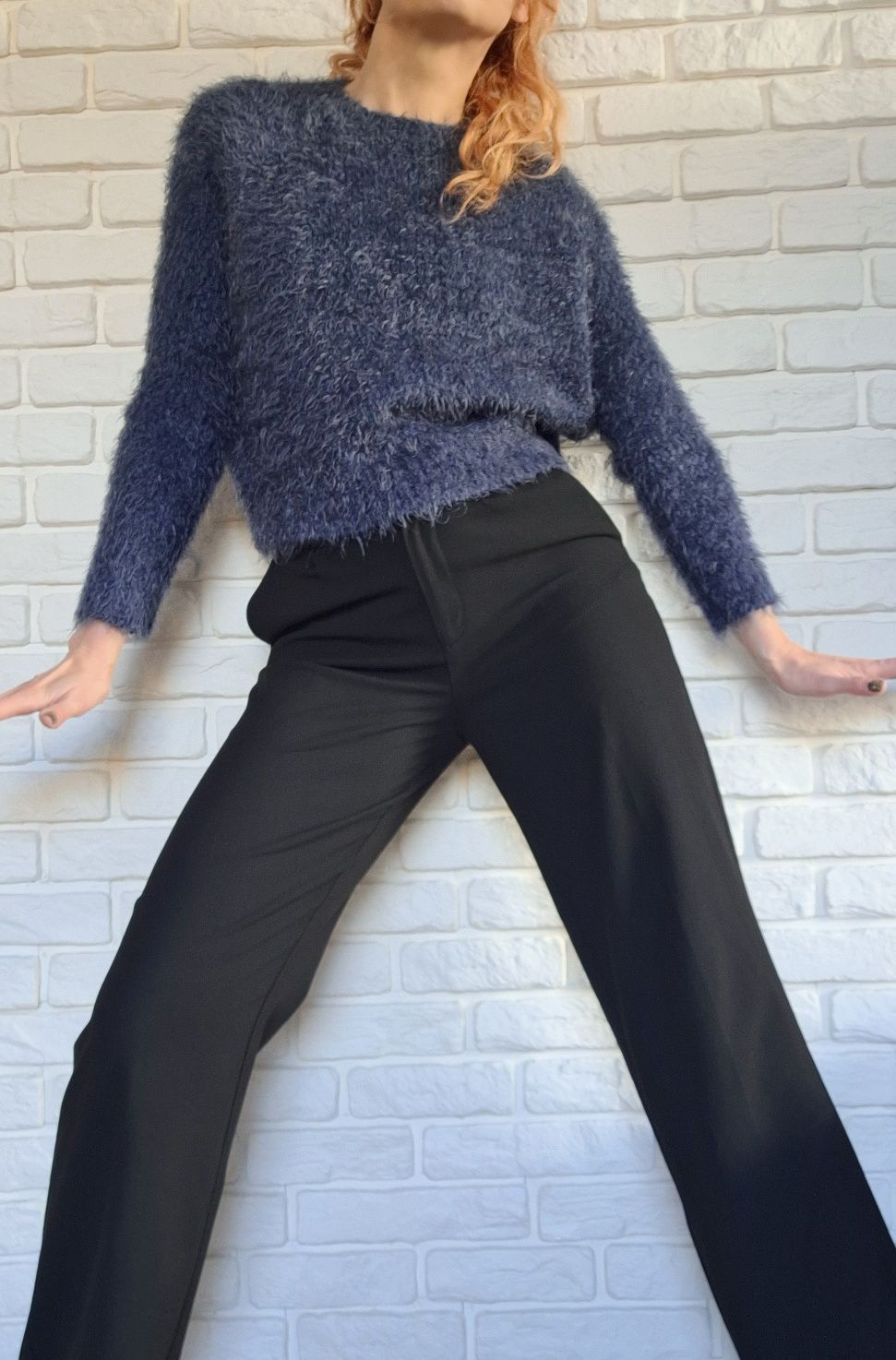 Granatowy Sweterek Mango S Puszysty Sweter Krótki Pluszowy Vintage