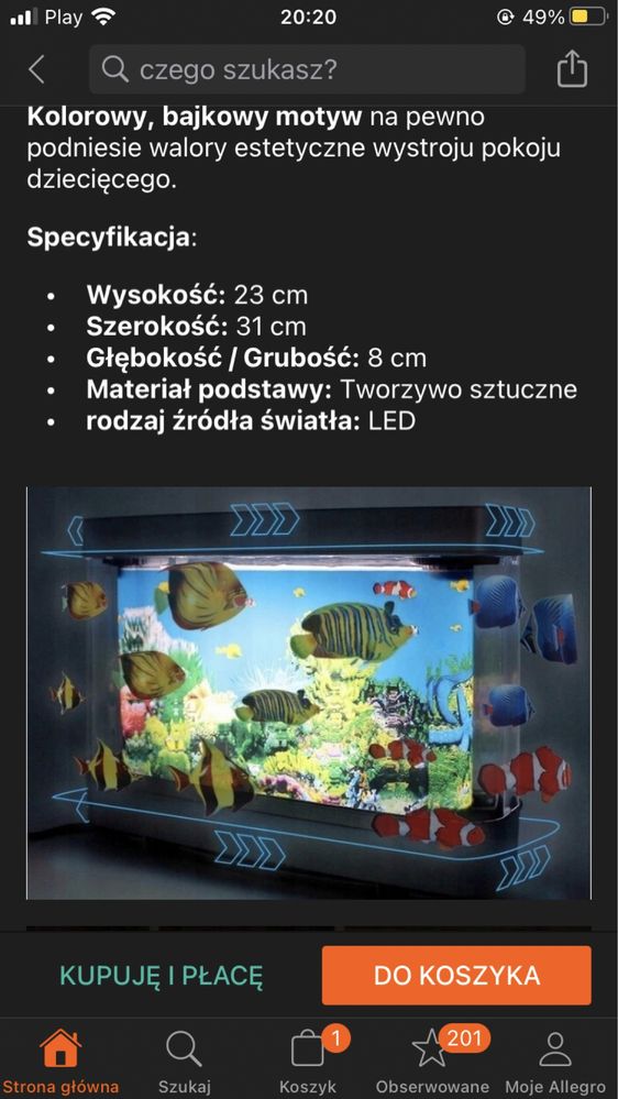 Lampka nocna akwarium rybki LED NOWA