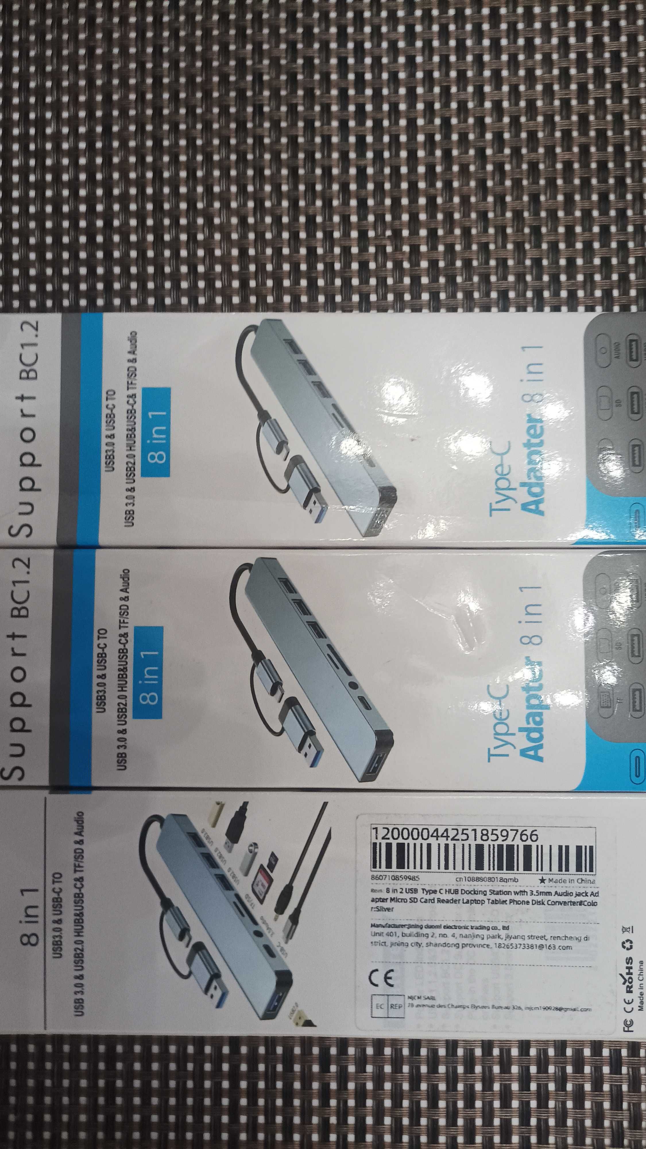 Докстанция 8 в 2 USB Type C HUB  с 3,5 мм ауд. SD Micro SD Cart Reader