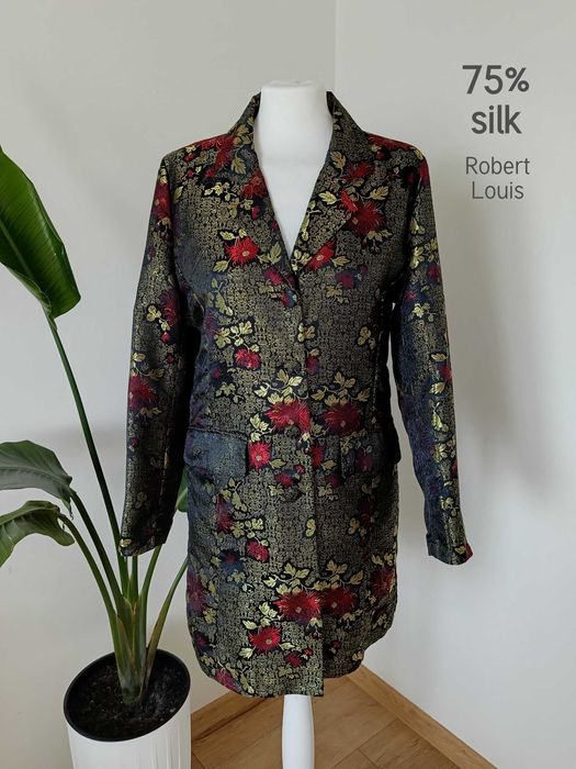 Jedwabny żakardowy żakiet płaszczowy złoty kwiatowy Robert Louis 36