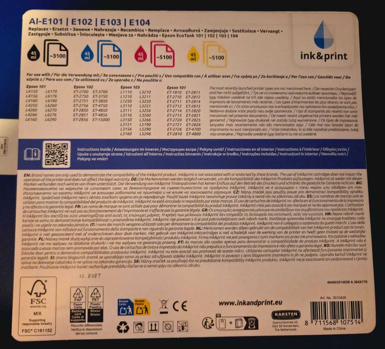 Tinteiros Compatíveis Epson EcoTank 101 | 102 | 103 | 104 – Pack 4