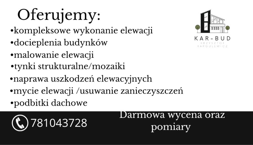 Docieplenia budynków/elewacje/tynki strukturalne/malowanie elewacji