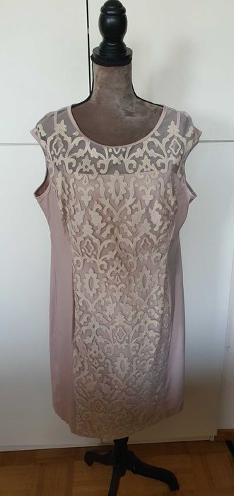 Sukienka elegancka 46 rozm XL XXL koronka cappuccino wesele beż