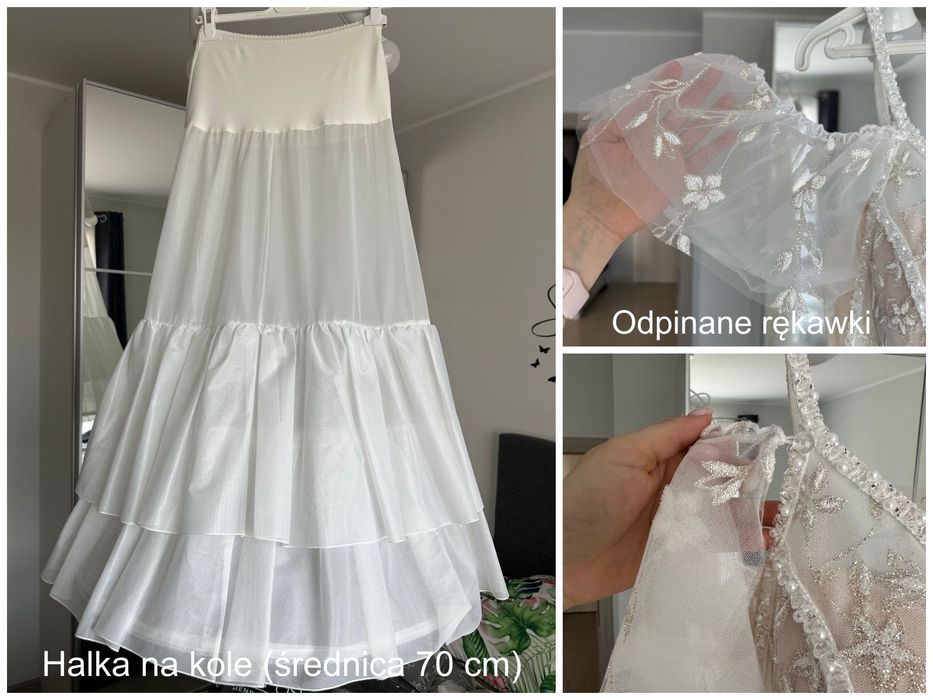 Suknia ślubna z rękawkami - brokat, perełki, kwiaty - księżniczka