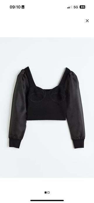 H&M czarny crop top tiulowe rękawy głęboki wycięty profilowy dekolt L