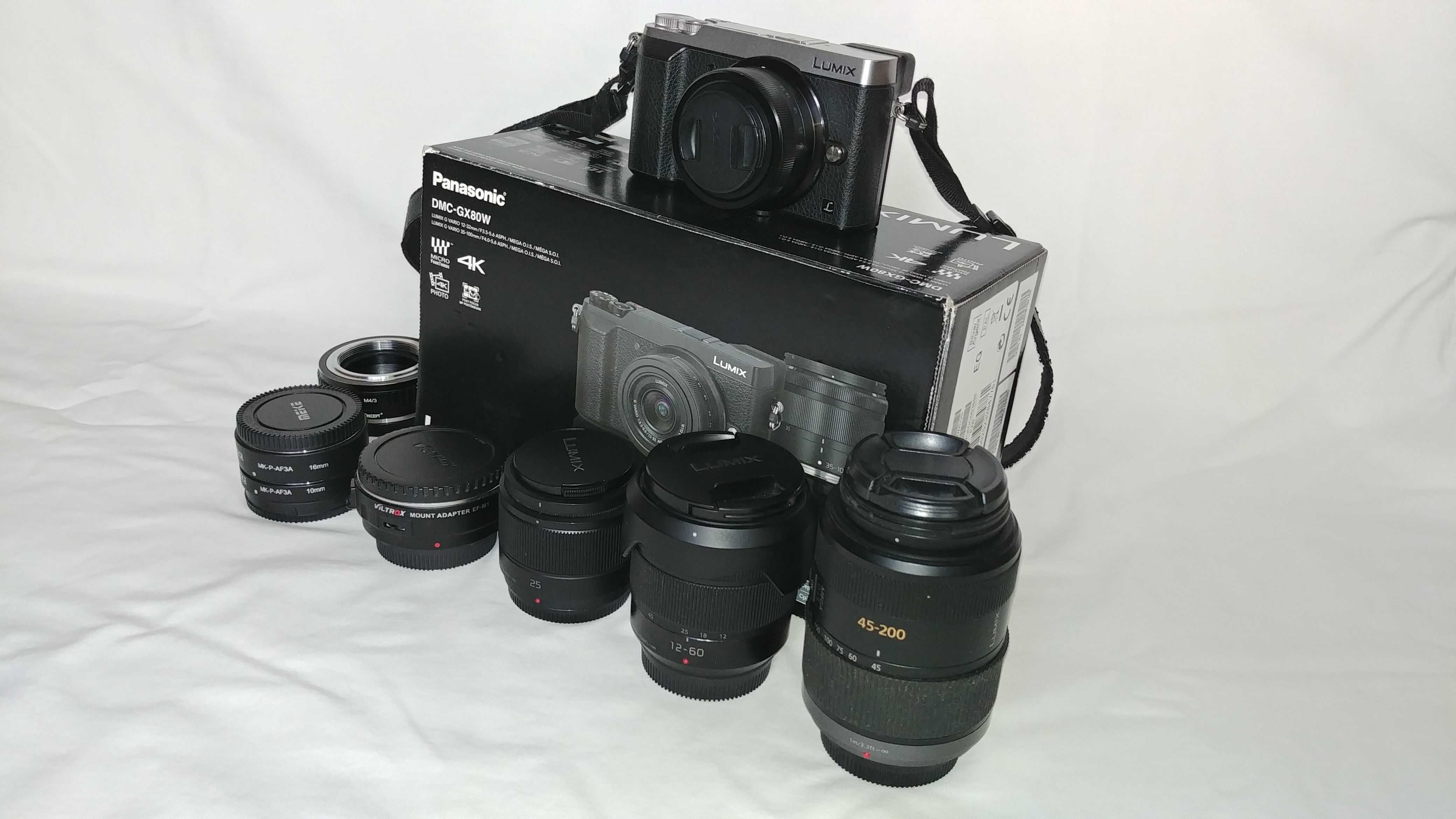 Panasonic GX80 + obiektywy, adaptery , system m4/3 ,zestaw.