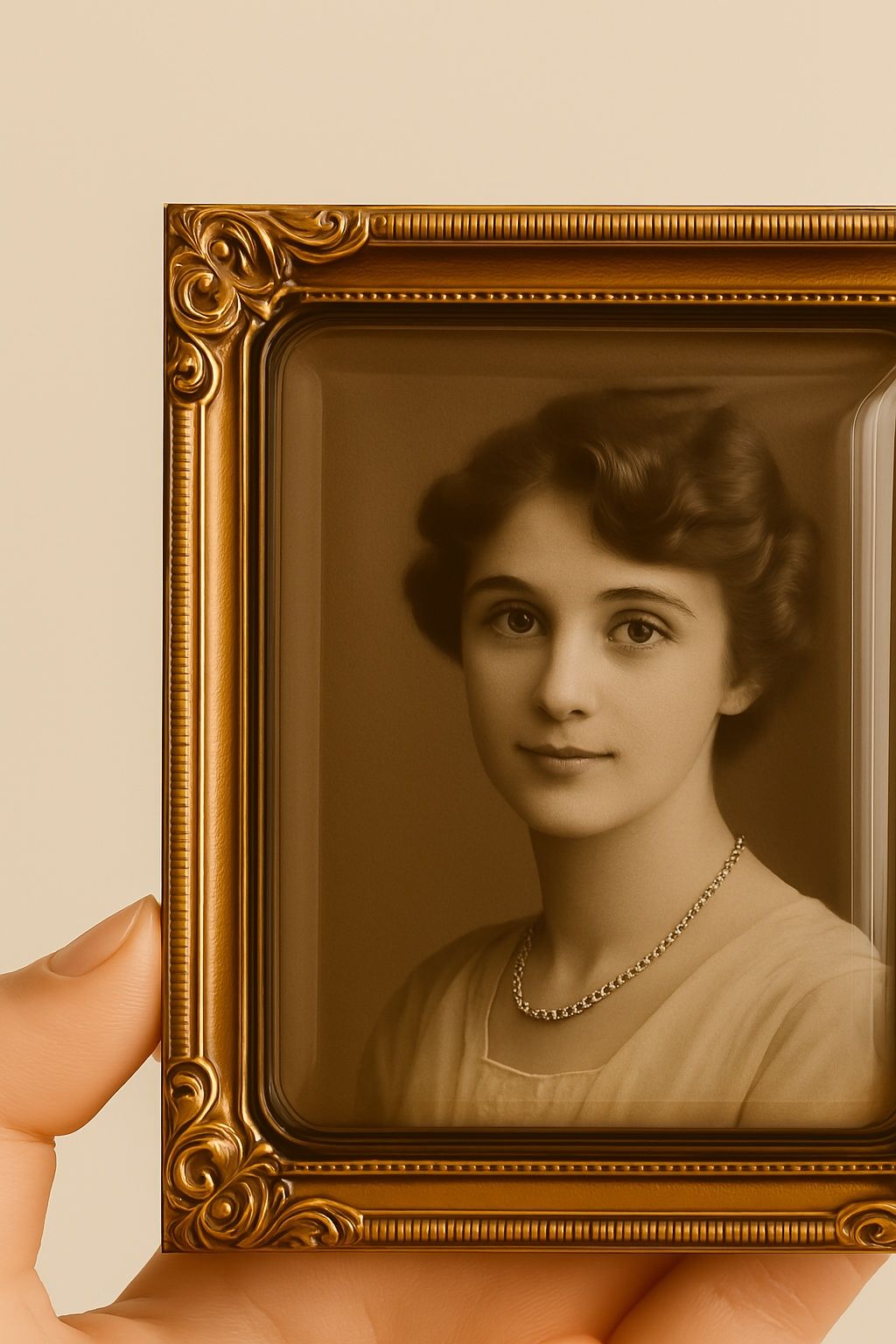 Stara mosiężna ramka z wypukłym szkłem, lata 20. XX wieku
