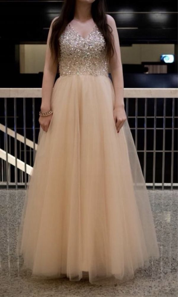 Suknia maxi balowa bal wieczorowa S M studniówka wesele cekiny tiul