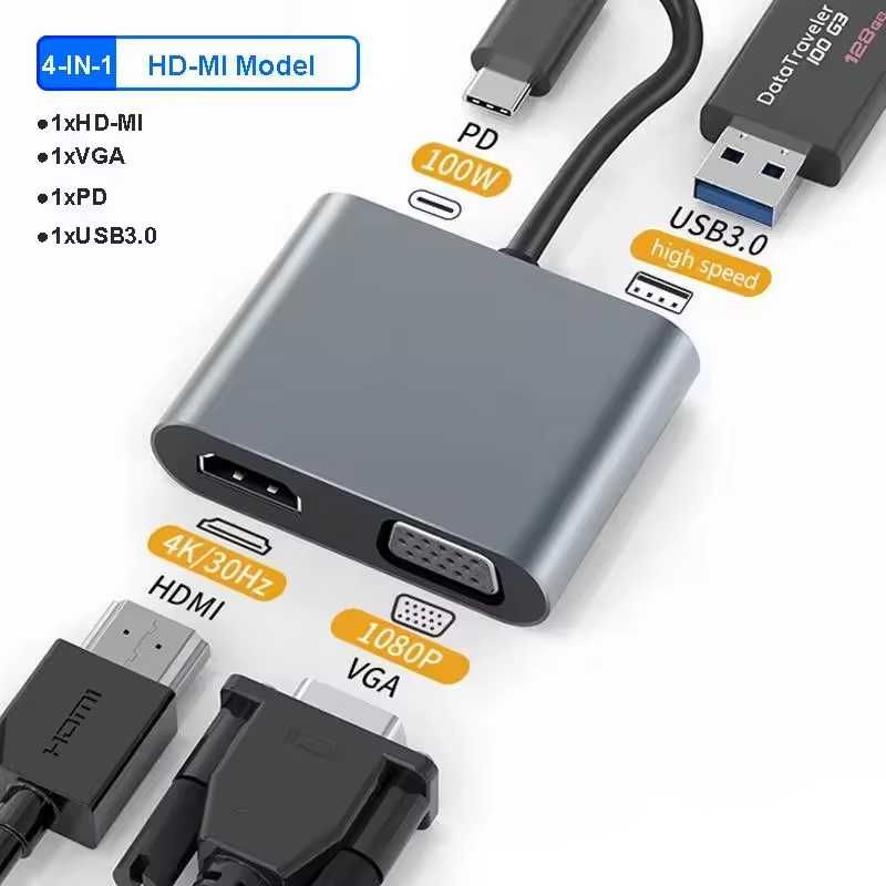 Адаптер Usb type c Hub 4 в 1 HDMI VGA 4K 30Hz хаб hub без коробки