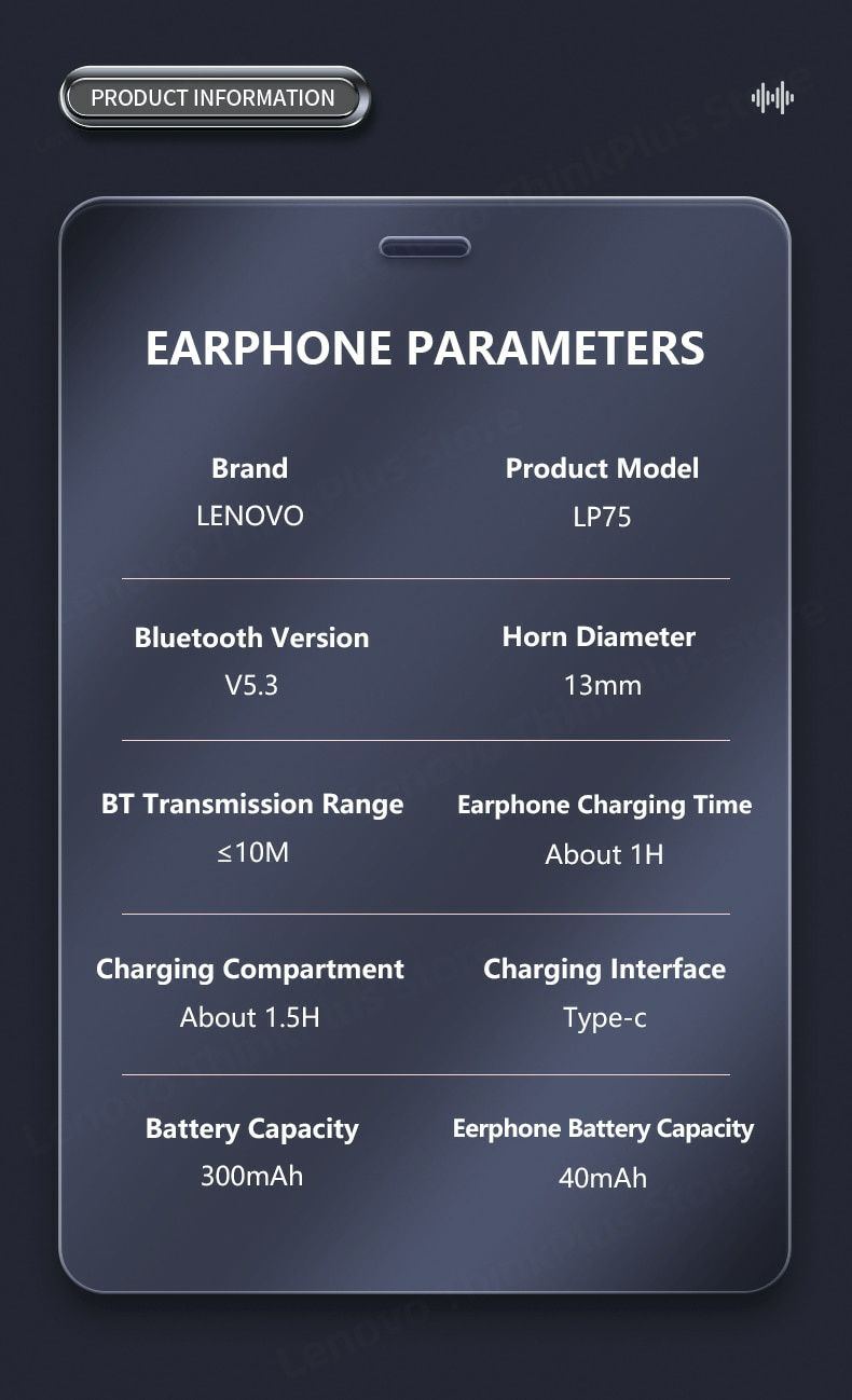 Навушники бездротові Bluetooth 5.3, Hi-Fi, LT 75 Lenovo  Спортивні