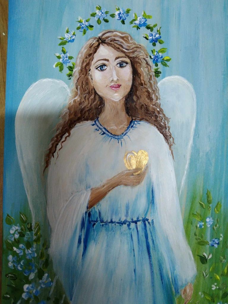 Obraz malowany na drewnie Anioł komunia prezent