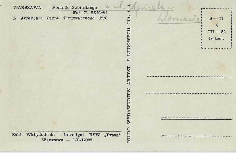 Warszawa, Pomnik Sobieskiego 1952 rok.