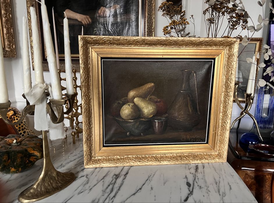 Stary obraz olejny martwa natura malarstwo polskie 1977 Kantacki antyk