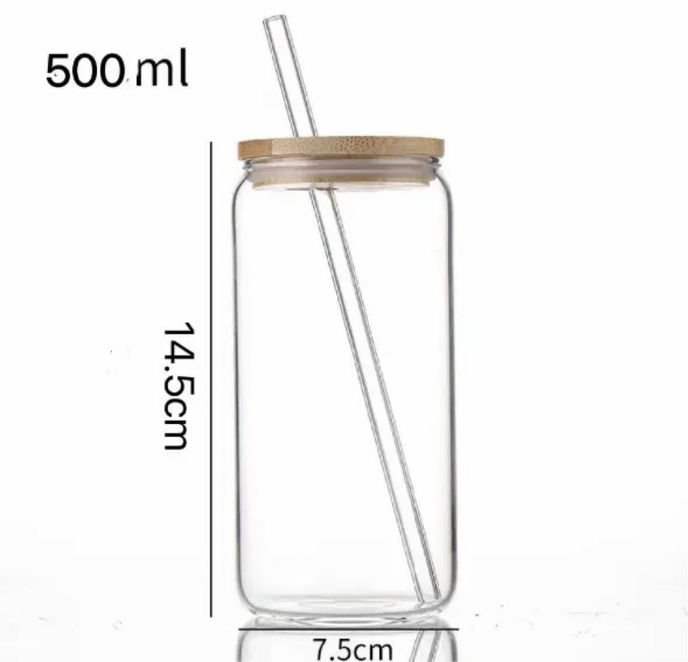 Стакан -банка скляний 500 мл з бамбуковою кришкою та скляною трубочкою