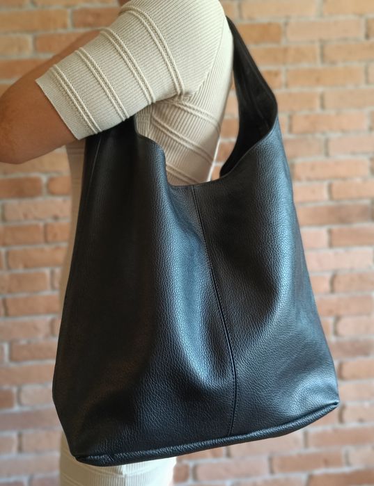 Torebka włoska skóra naturalna shopper hobo na ramię i do ręki czarna