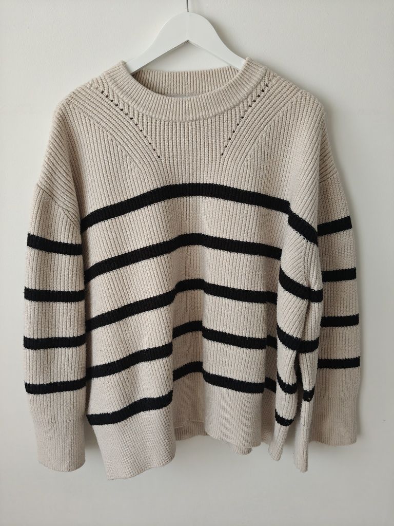 Sweter damski ciepły kremowy w paski Zara jesień zima XL
