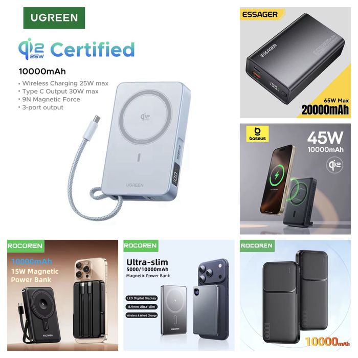 Power Bank Ugreen,Baseus,Rocoren,Essager MagSafe 5000-20000mAh, 15-65w