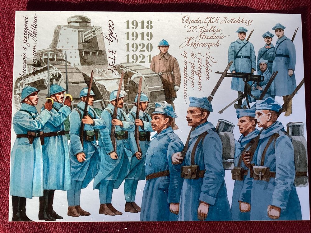Zestaw kart pocztowych z umundurowaniem żołnierzy WP z lat 1918-21.