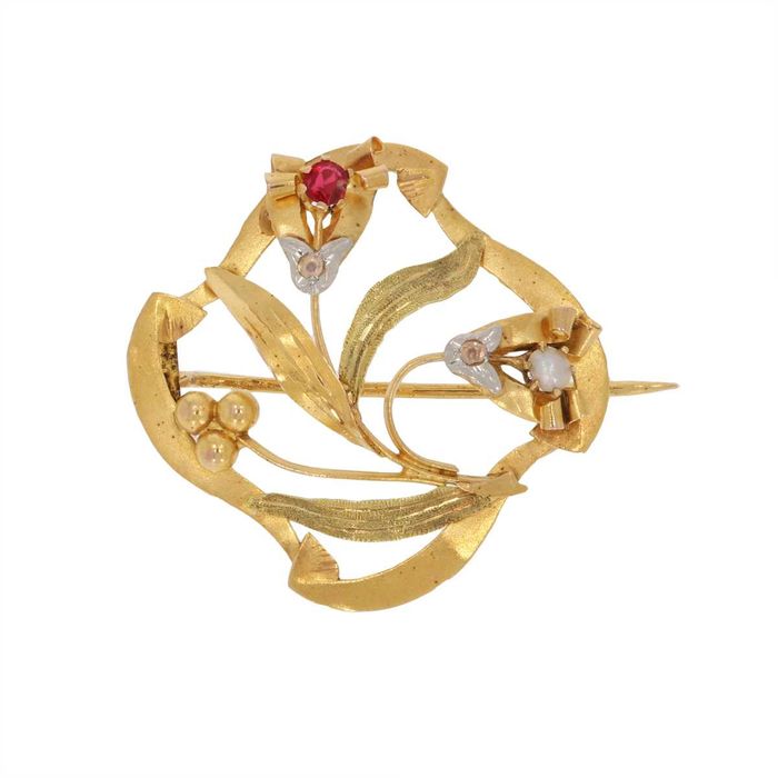 Brosza złota 18k z czasów secesji z diamentami