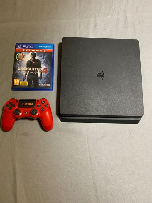 playstation 4 slim 1t, uncharted e um comando personalizado
