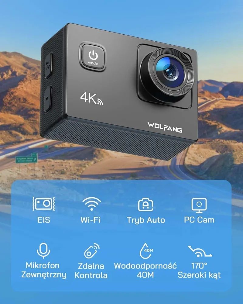 WOLFANG GA100 Action Cam 4K 20 MP kamera podwodna, WiFi 40 m,
