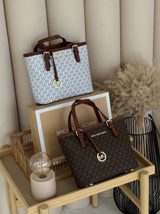 Жіноча сумка Michael Kors Jet Set Travel біла/коричнева