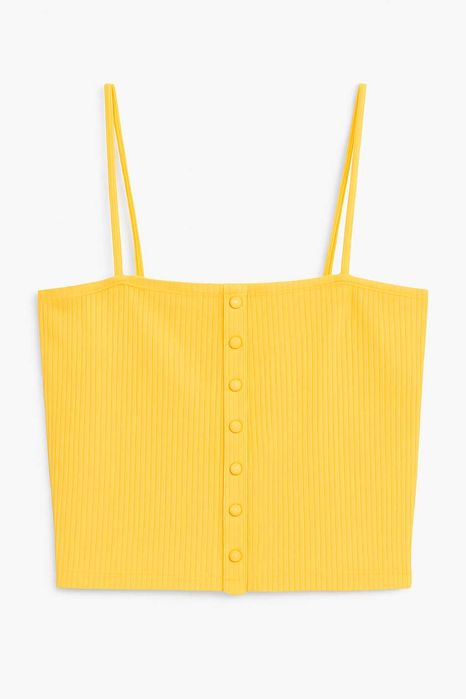 Forever 21 żółty crop top cienkie ramiączka basic guziki prążki L 40