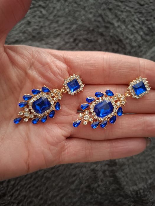 Kolczyki niebieskie chabrowe kryształki srebrne cyrkonie złoty podkład