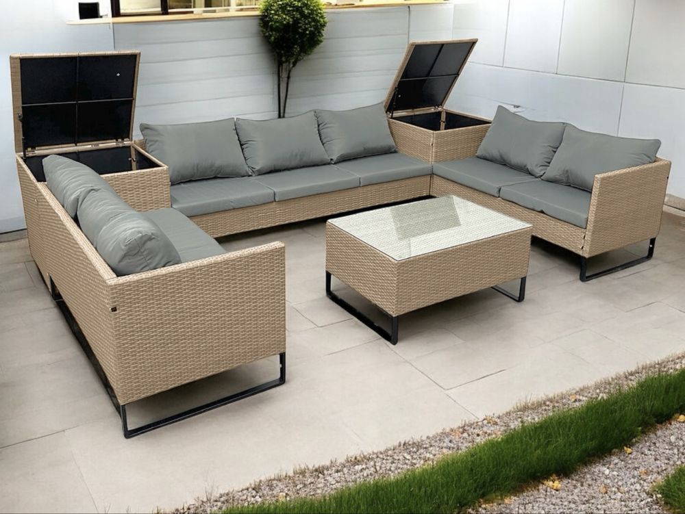Zestaw mebli ogrodowych technorattan kształt U pojemnik sofa kolory