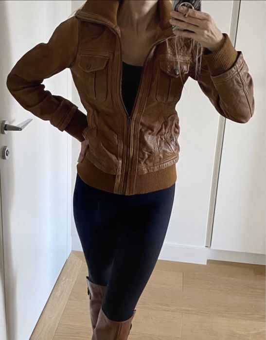 Kurtka jesienna brązowa, Skóra naturalna, pilotka, Stradivarius, XS