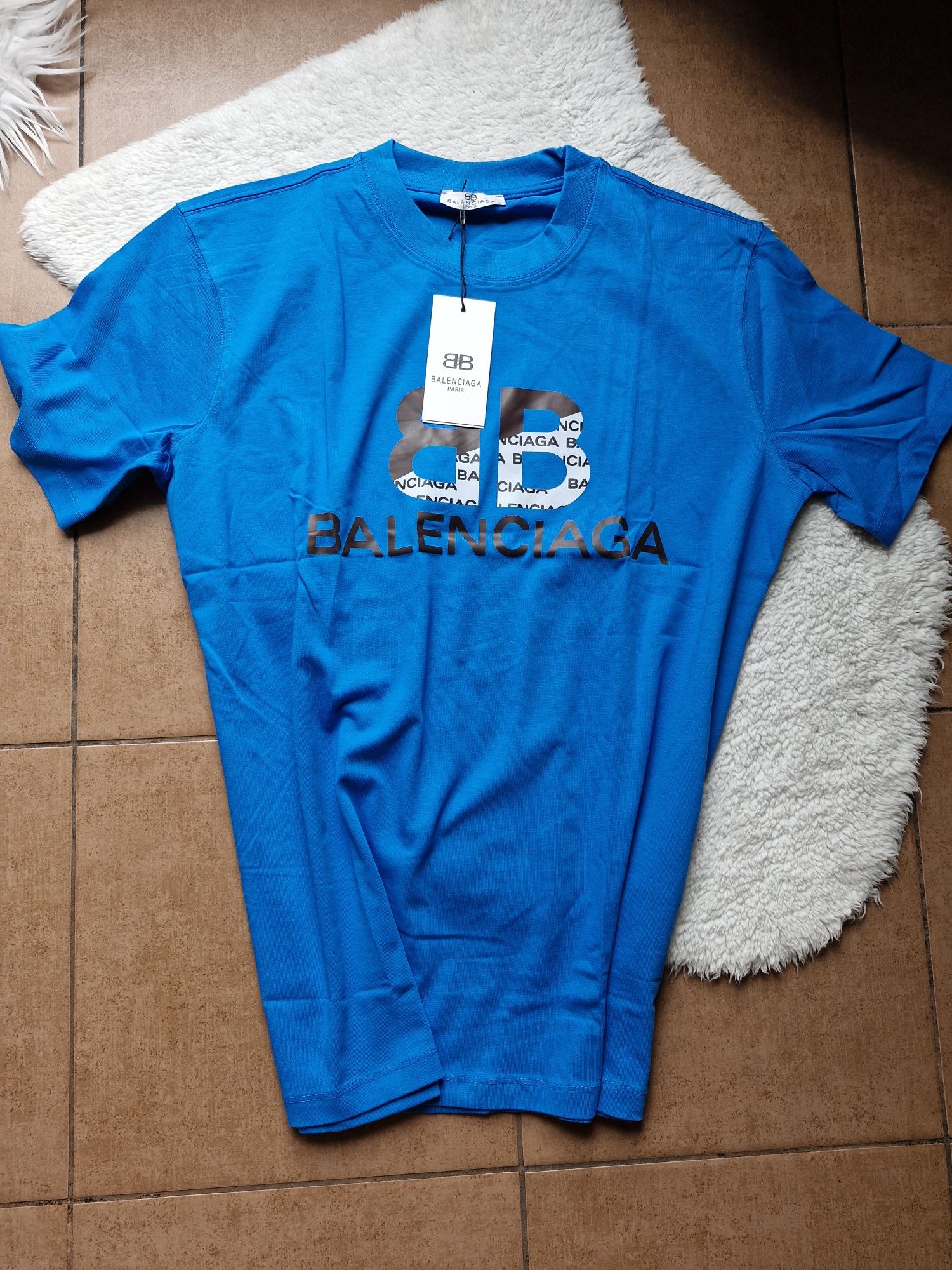 Nowa koszulka męska bawełna grubsza niebieska Balenciaga XL metki nowa