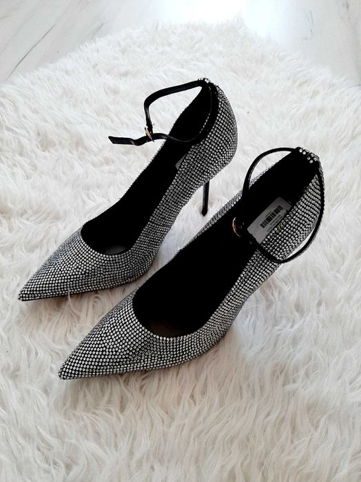 River Island piękne czarne szpilki z cyrkoniami błyszczące 39