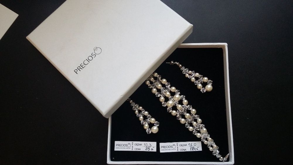 Biżuteria ślubna kolczyki + bransoletka perły kryształy srebro 925