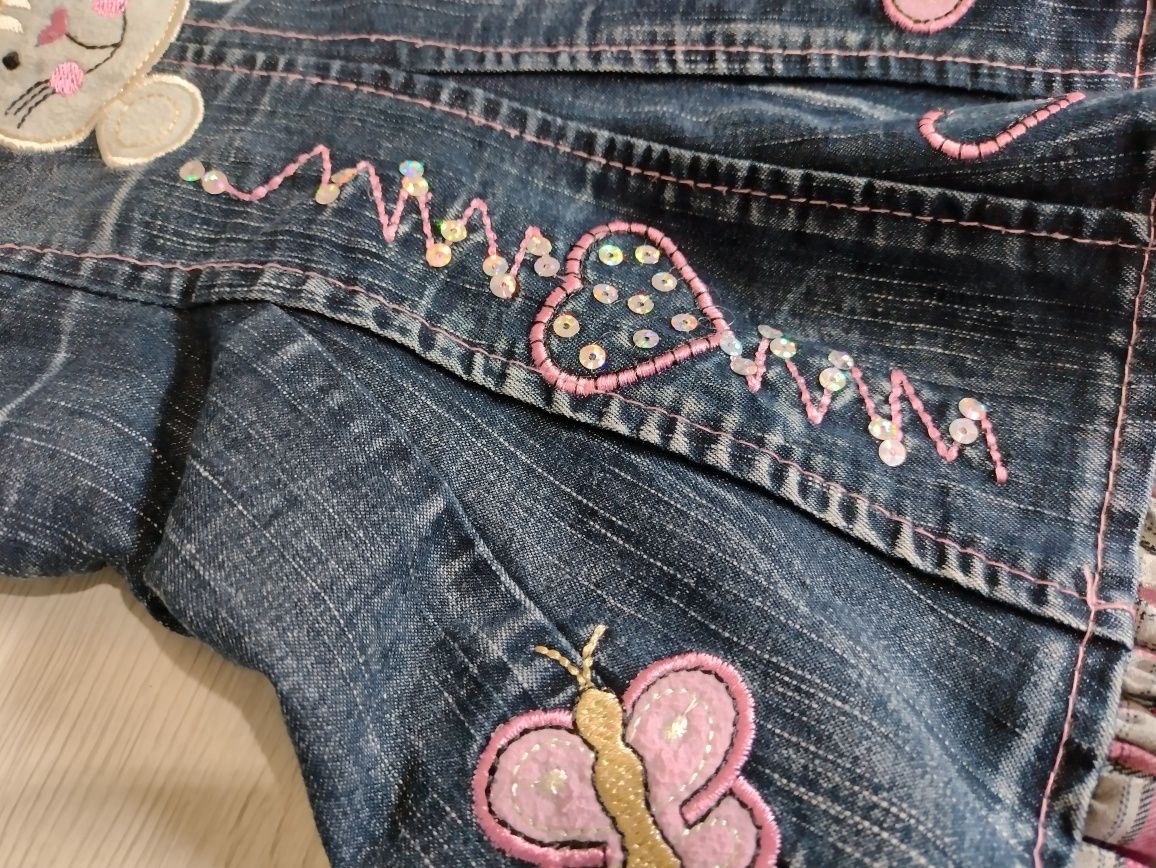 Sukienka jeansowa miękki jeans kotek cekiny brokat falbaną 6-9mcy 47