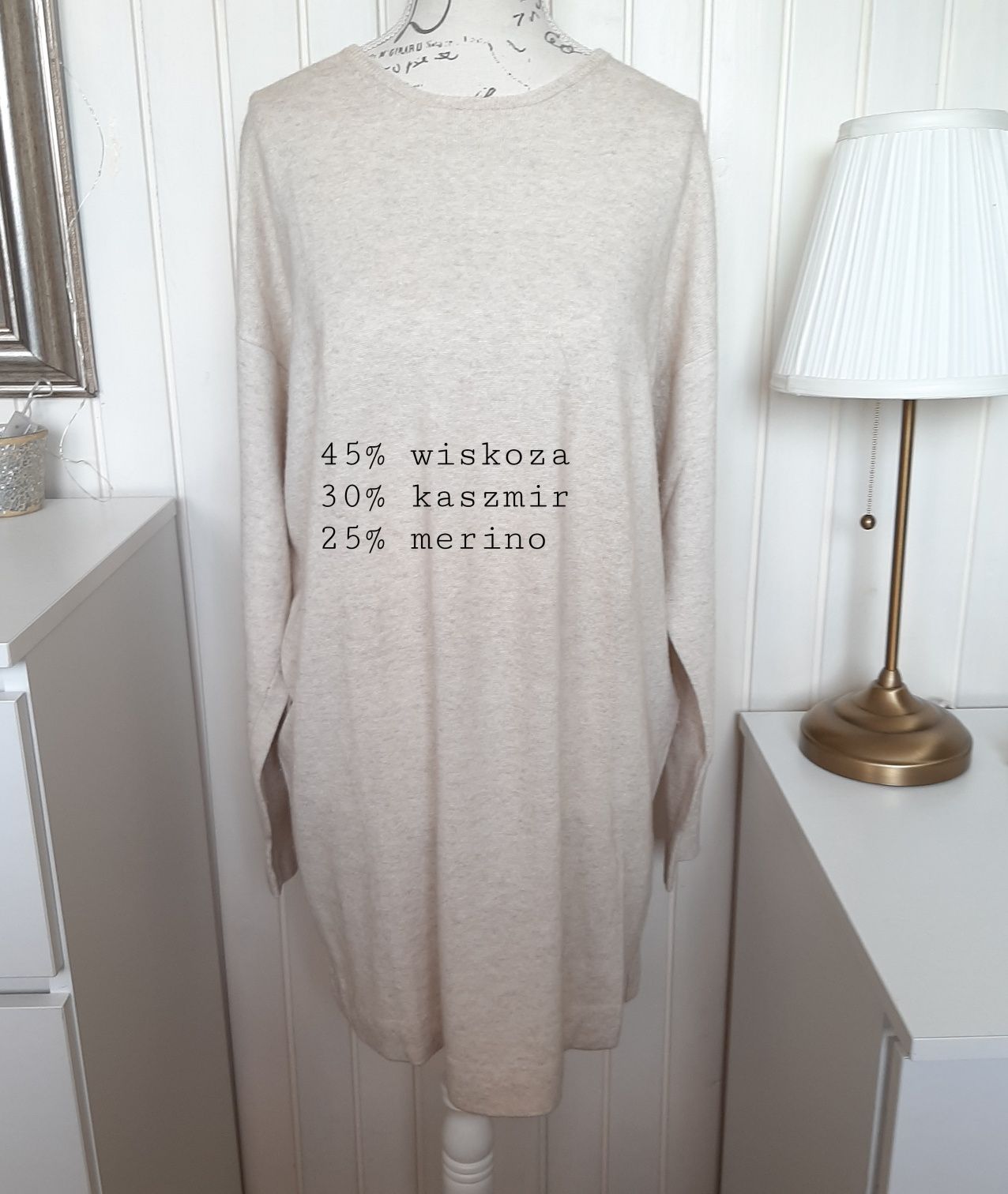 kaszmirowy, wełniany beżowy sweter 44 XXL