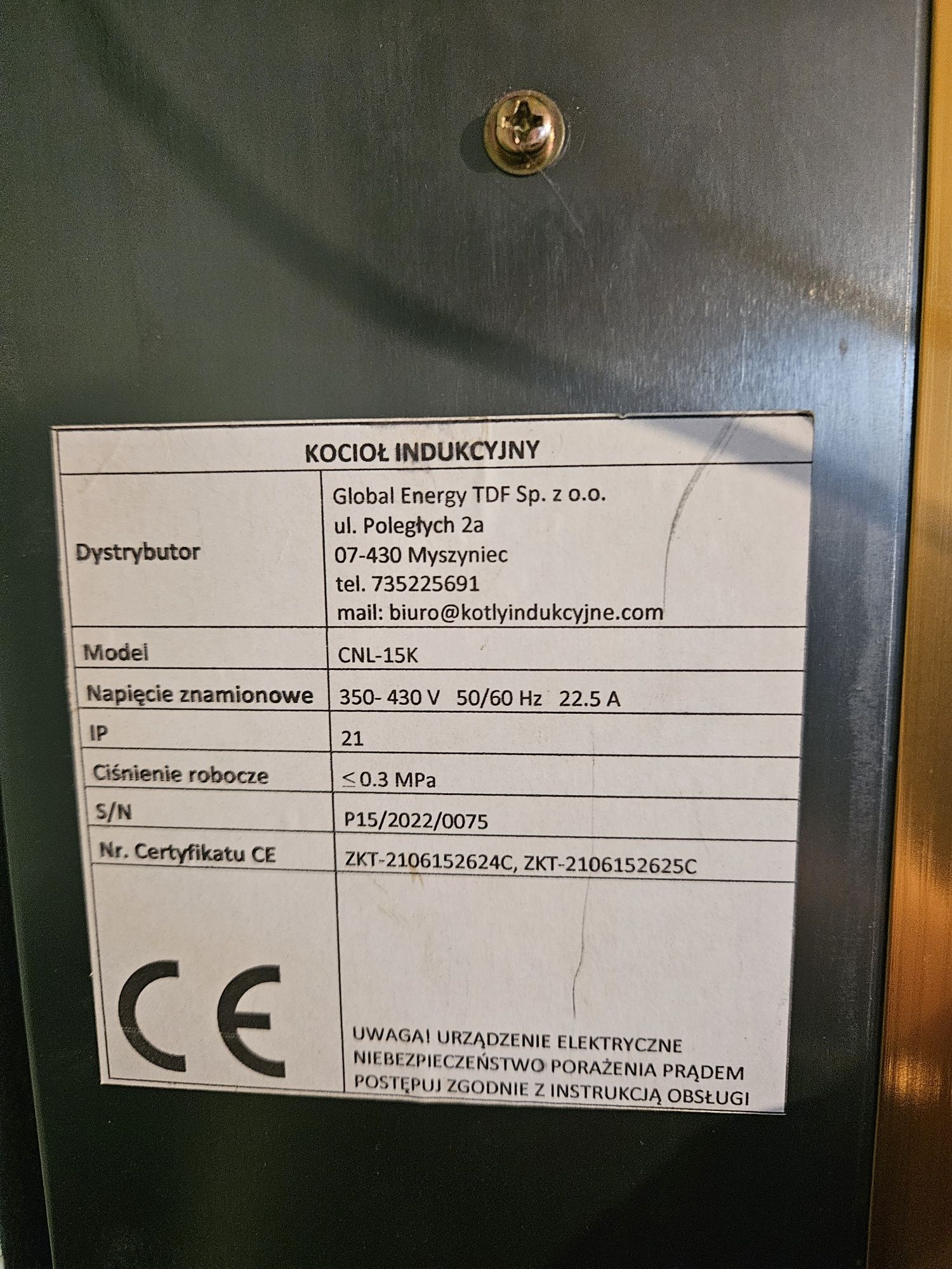 Kocioł piec indukcyjny Global Energy 15kW - po jednym sezonie