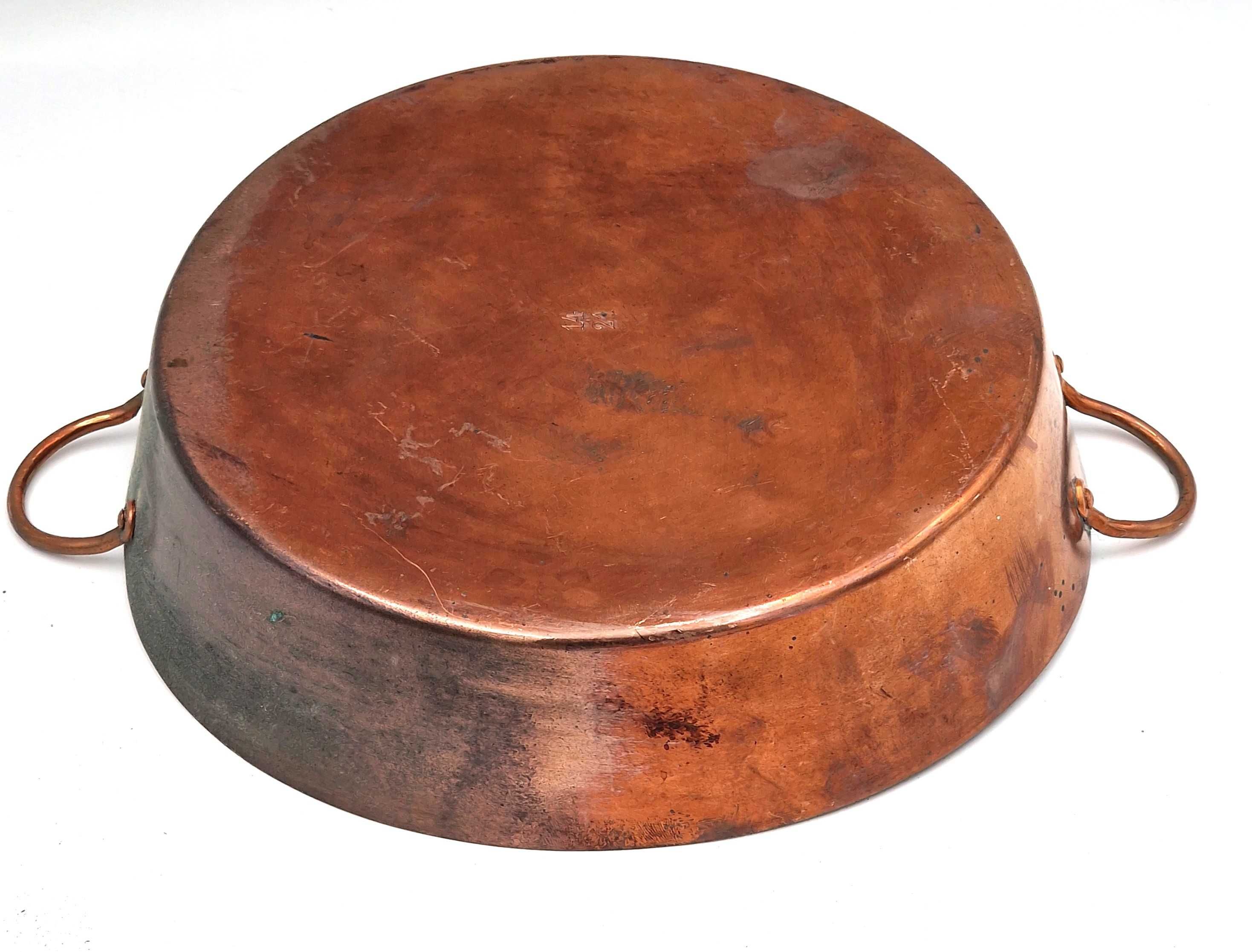 Miedziana okrągła patelnia - garnek z uchwytami  dekoracja miedziana
