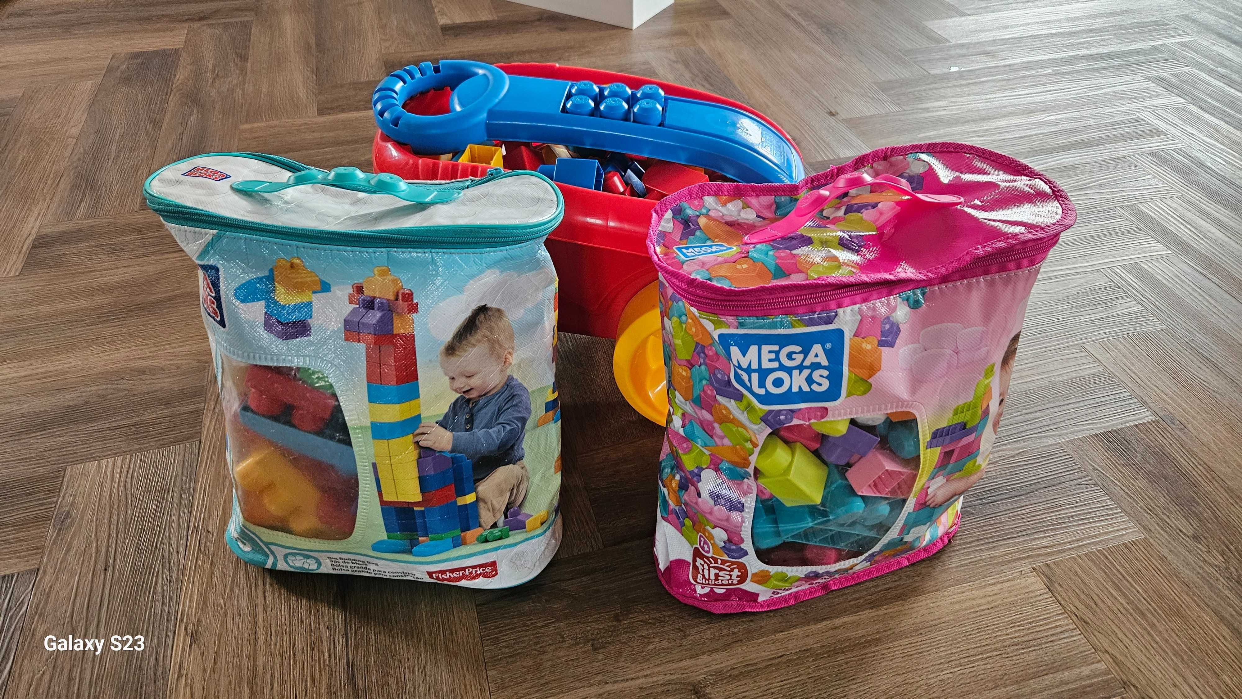 Fisher Price 2 x Klocki Mega Bloks + Wózek zbierak do klocków