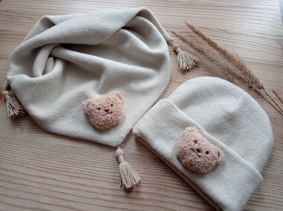 komplet zimowy, czapka i chusta przeplatana, z misiem, Handmade