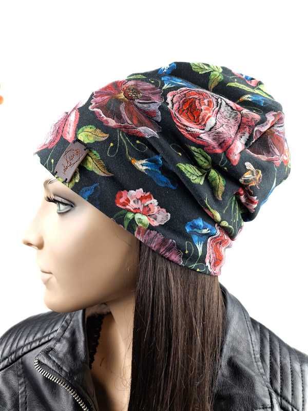 Nowa bawełniana czapka damska, nadruk kwiaty