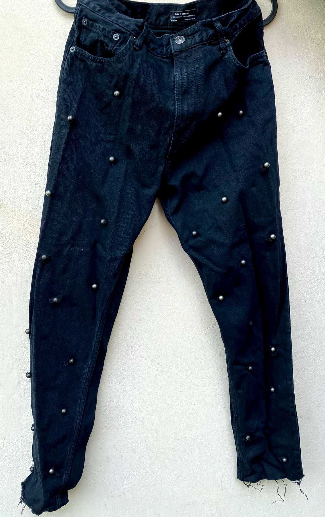 Zara Woman Premium Denim Collection czarne jeansy/spodnie z koralikami