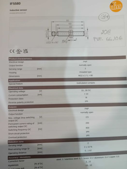 Sensor indutivo 12mm pnp 24vdc IFM