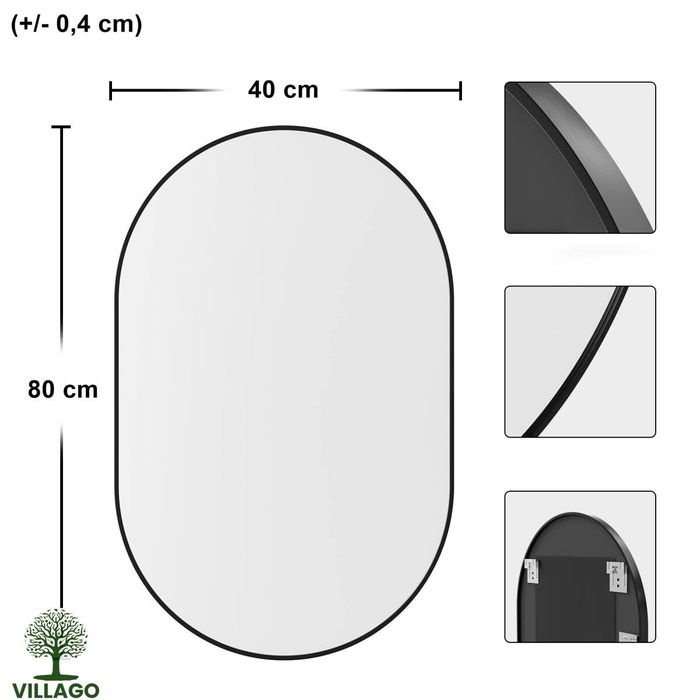 NOWE Lustro Owalne VILLAGO Design 80×40 CM – Czarna Rama, Styl Loftowy