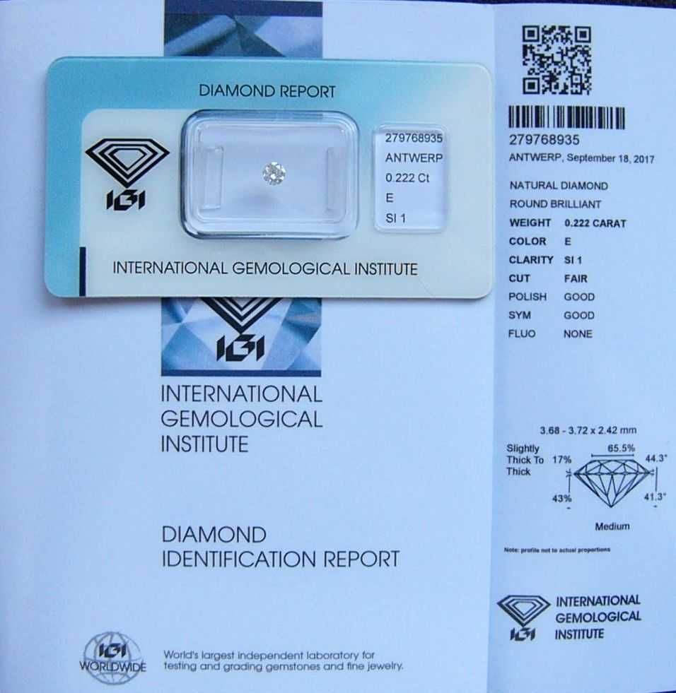 BRYLANT 0.222 ct Si1 E 3,72 mm Certyfikat IGI Diament