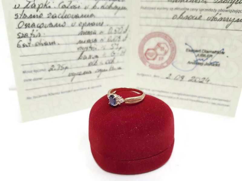 Złoty Pierścionek 585 2,75g z Szafirem i Diamentami Certyfikat!!!