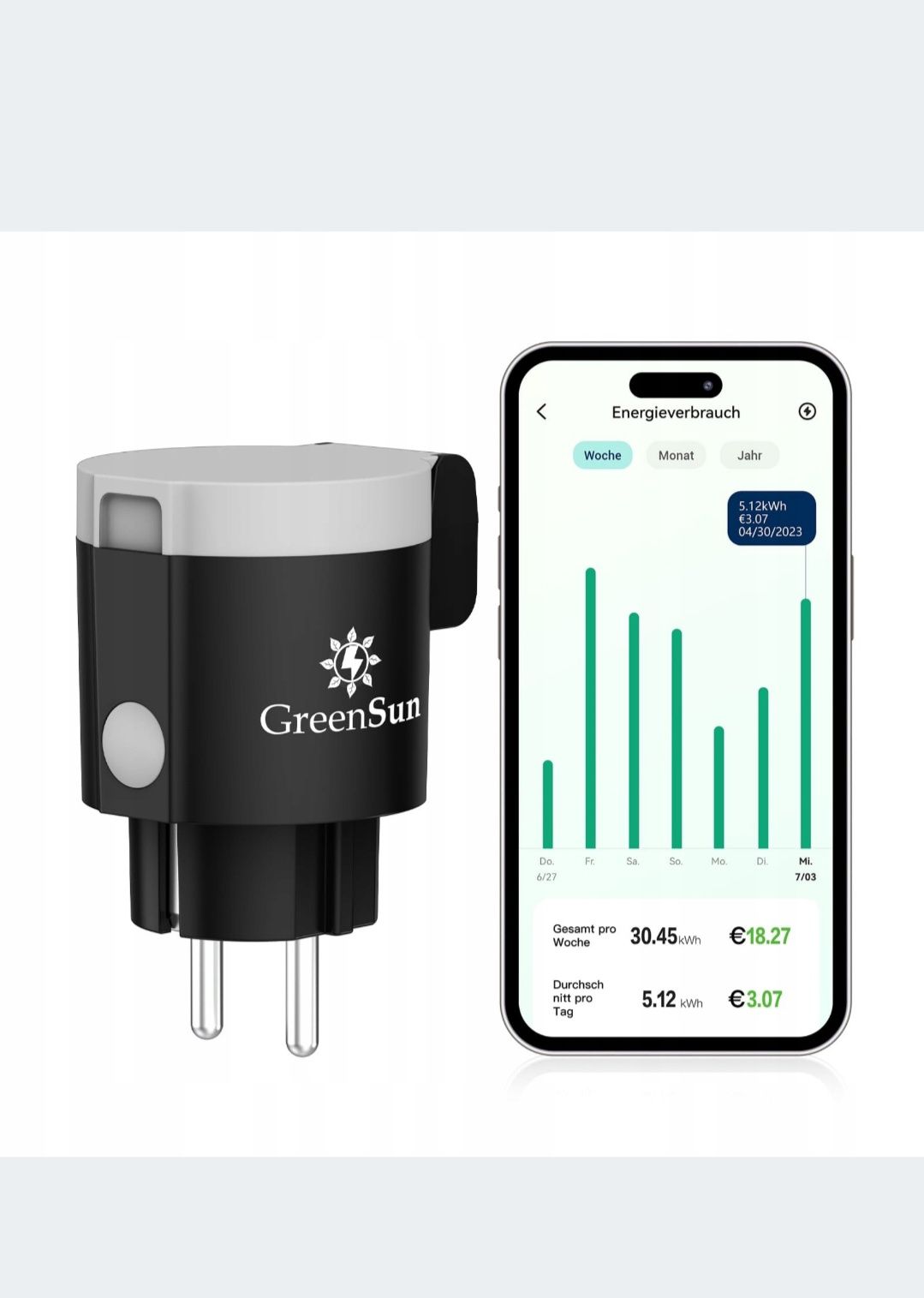 Inteligentna wtyczka GreenSun WLAN 2,4 GHz 16A IP44 czarna